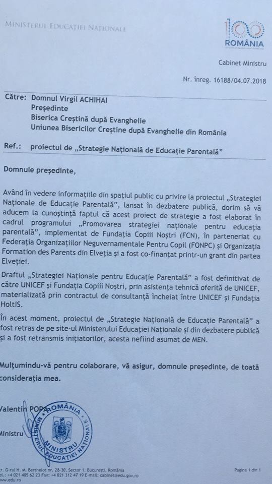 VIRGIL ACHIHAI A PRIMIT RASPUNS FAVORABIL DE LA MINISTRUL EDUCATIEI NATIONALE CARE A RETRAS PROIECTUL STRATEGIA NATIONALA DE EDUCATIE PARENTALA