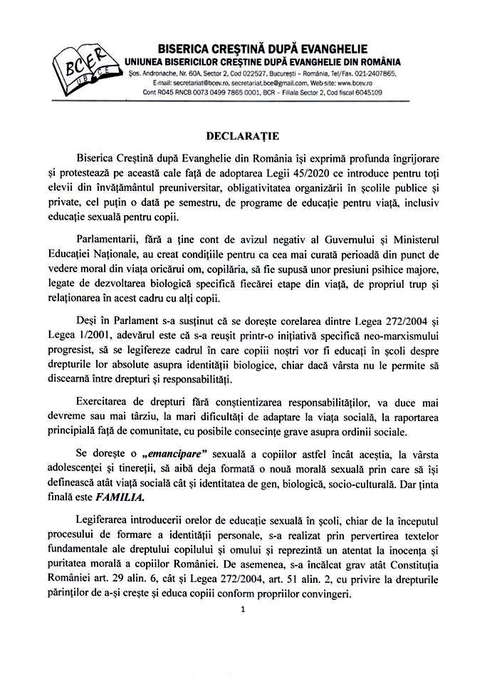 BISERICA CRESTINA DUPA EVANGHELIE - DECLARATIE PROTEST DESPRE IMPUNEREA EDUCATIEI SEXUALE PENTRU COPII IN SCOLI (PARTEA I)