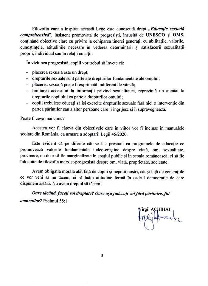 BISERICA CRESTINA DUPA EVANGHELIE - DECLARATIE PROTEST DESPRE IMPUNEREA EDUCATIEI SEXUALE PENTRU COPII IN SCOLI (PARTEA II)